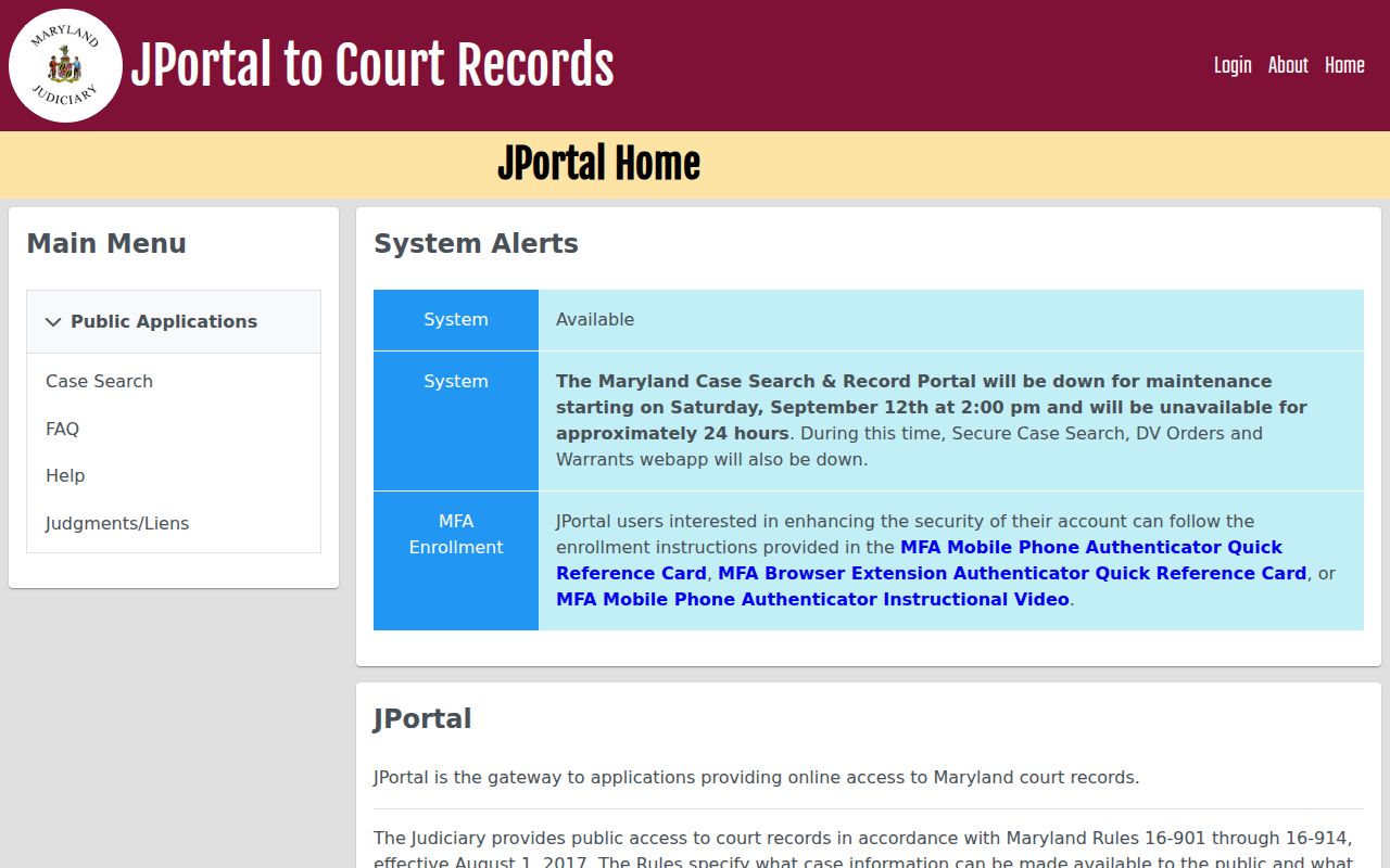 Dorchester County warrant records access notice on the Maryland Judiciary court-record gateway