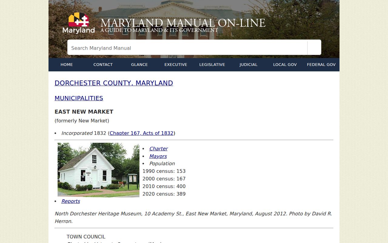 East New Market Municipal Building profile used for East New Market warrant records research