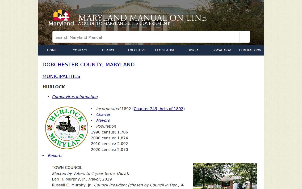 Hurlock Town Hall and police contact entry used for Hurlock warrant records research