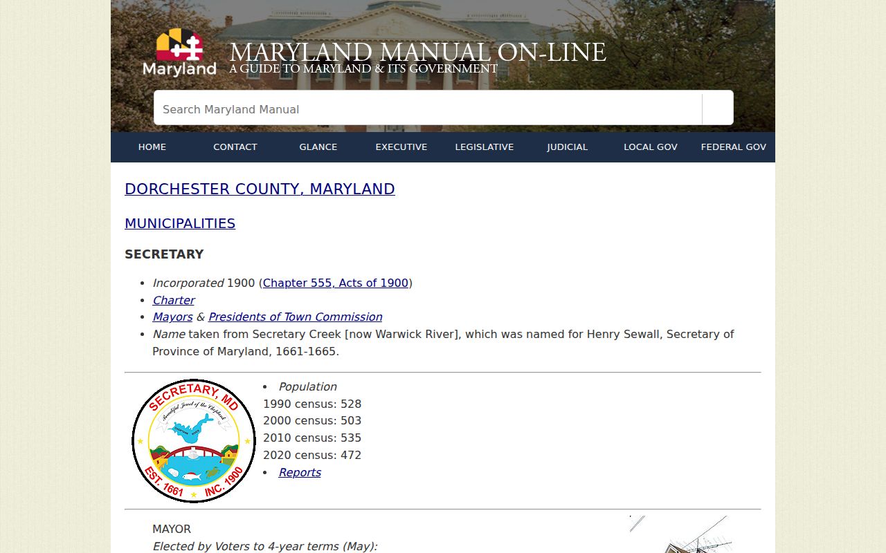 Secretary Town Hall address and population profile used for Secretary warrant records research