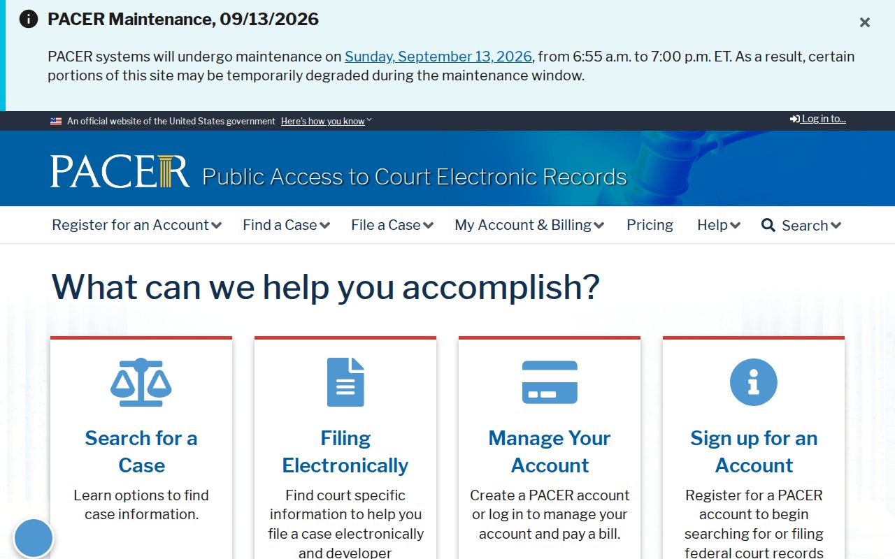 Federal PACER case access interface used for Dorchester County arrest warrant research